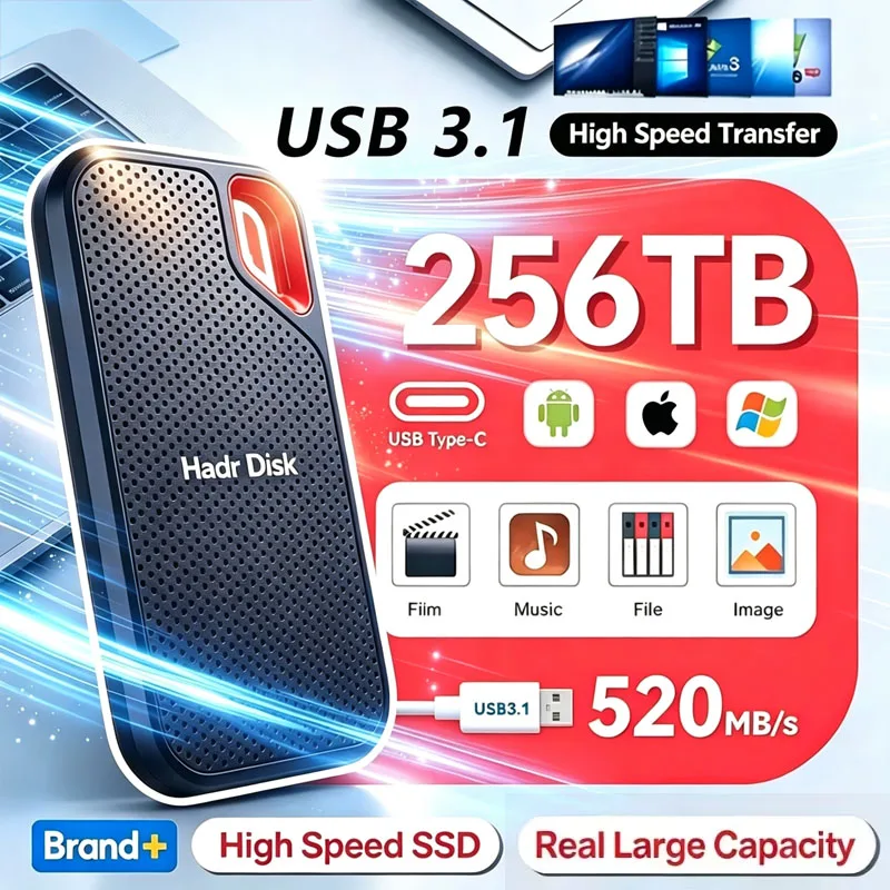 2TB Portable SSD 1TB 4TB External Hard Drive USB 3.1 Type-C Fast Compact Mobile Data Storage for Laptop Mac PC Compact