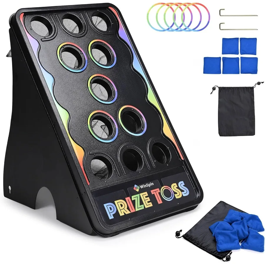 

WinSpin Cornhole Board Set with 11 Bean Bags and Stakes for Outdoor Indoor Carnvial Games Tradeshows Blue and White Design Dura