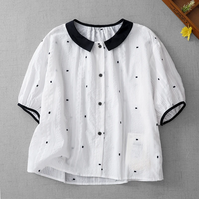 

Elegant White Polka Dot Loose Fit Shirt Women's Fashionable Spring Summer Top Five-Quarter Sleeve Stand Collar Casual Style