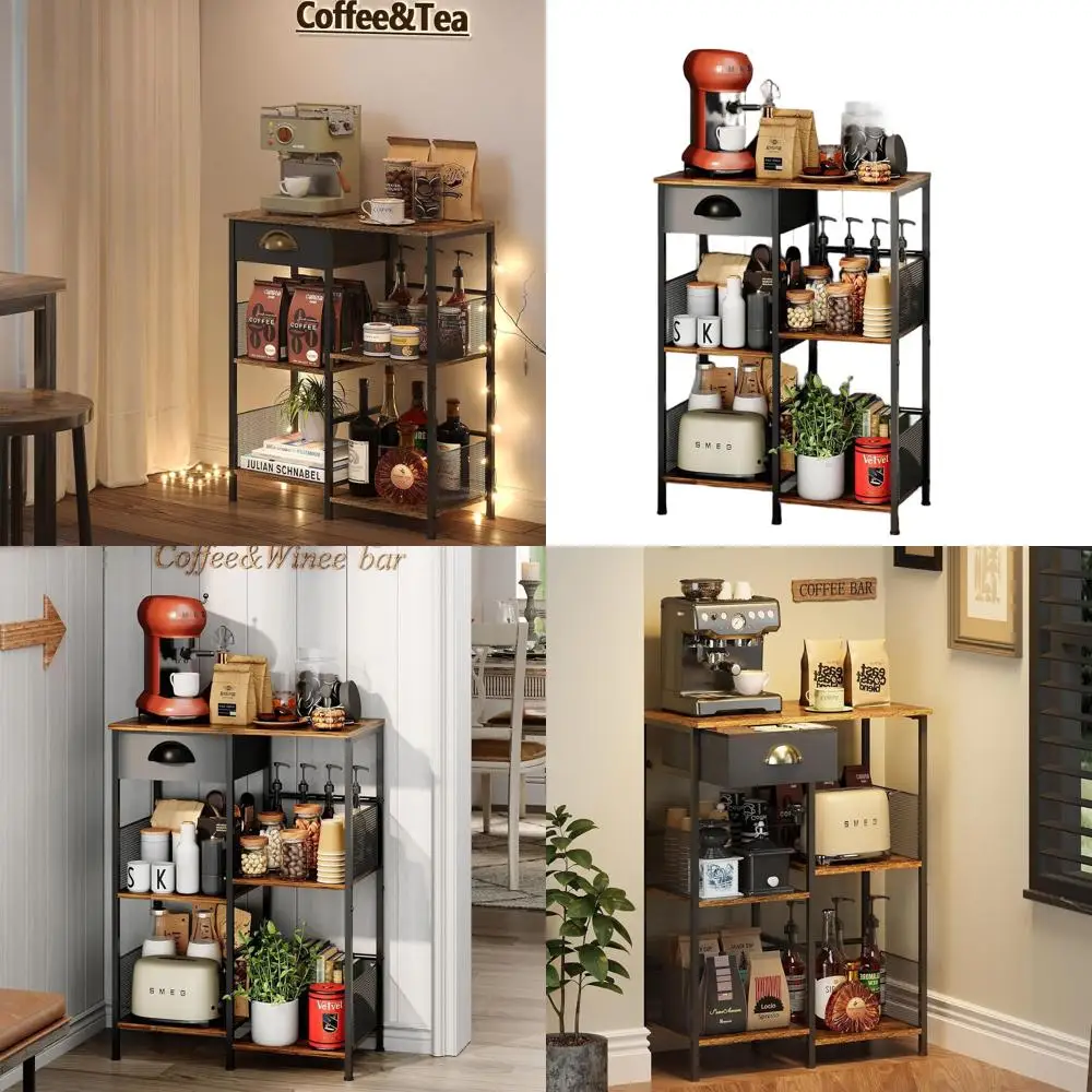 

Compact Rustic Coffee Bar with Drawers, 5-Tier Display Stand for Home Cafe, Kitchen Buffet Cabinet, Living Room Sideboard