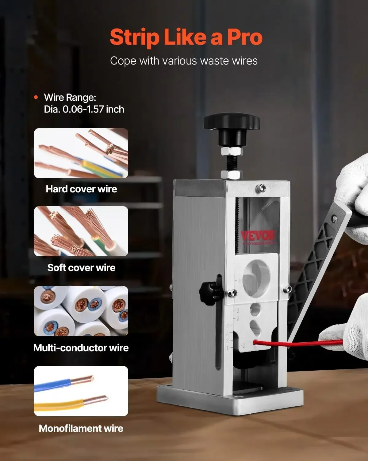 Manual Wire Stripping Machine, 0.06''-1.5'' Copper Stripper with Hand Crank or Drill Powered, Visible Stripping Depth Reference