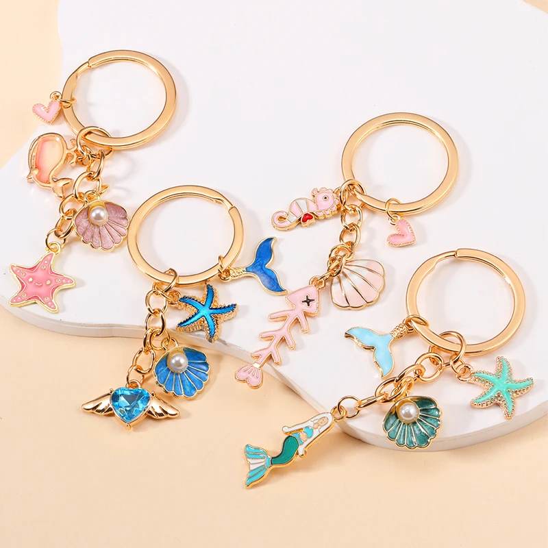 Pretty Enamel Starfish Shell Mermaid Keychain Delicate Sea World Series Key Rings For Girls Women DIY Jewelry Gifts To Kids