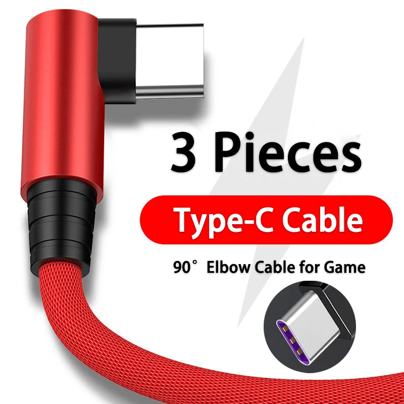 3 Pieces 5A Fast Charging Type C Cable 90 Degrees Elbow Cable for Game for Xiaomi Redmi Huawei Honor Phone Charger USB C Cable