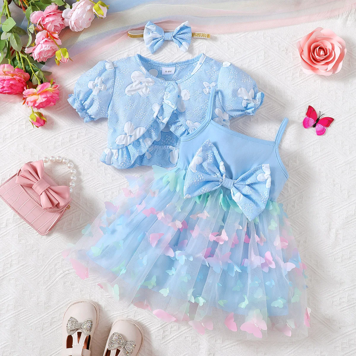 Children\'s Clothing 0-3 Year Girl Beautiful Little Butterfly Fashion Princess Dress+Shawl+Headband Birthday Party Fluffy Dress