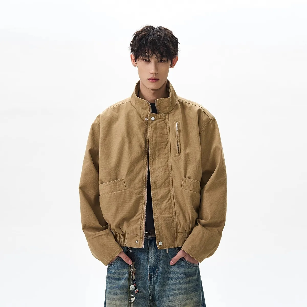 

Retro Stand Collar Bomber Jacket For Men 2025 Spring Autumn New Loose Short Barn Style Cargo Outerwear Coat