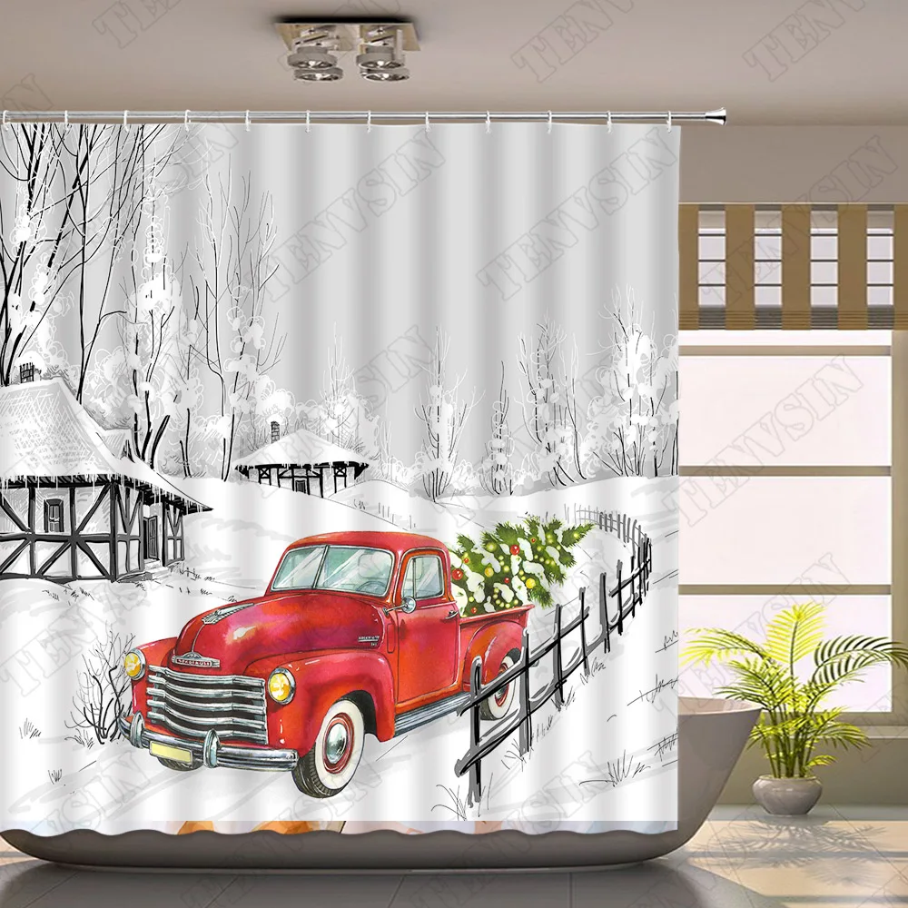 Winter Shower Curtain Snow Red Truck Pine Rural Snowman Scenery Fabric Cloth Christmas Decor Bathroom Curtain Bath Accessory Set