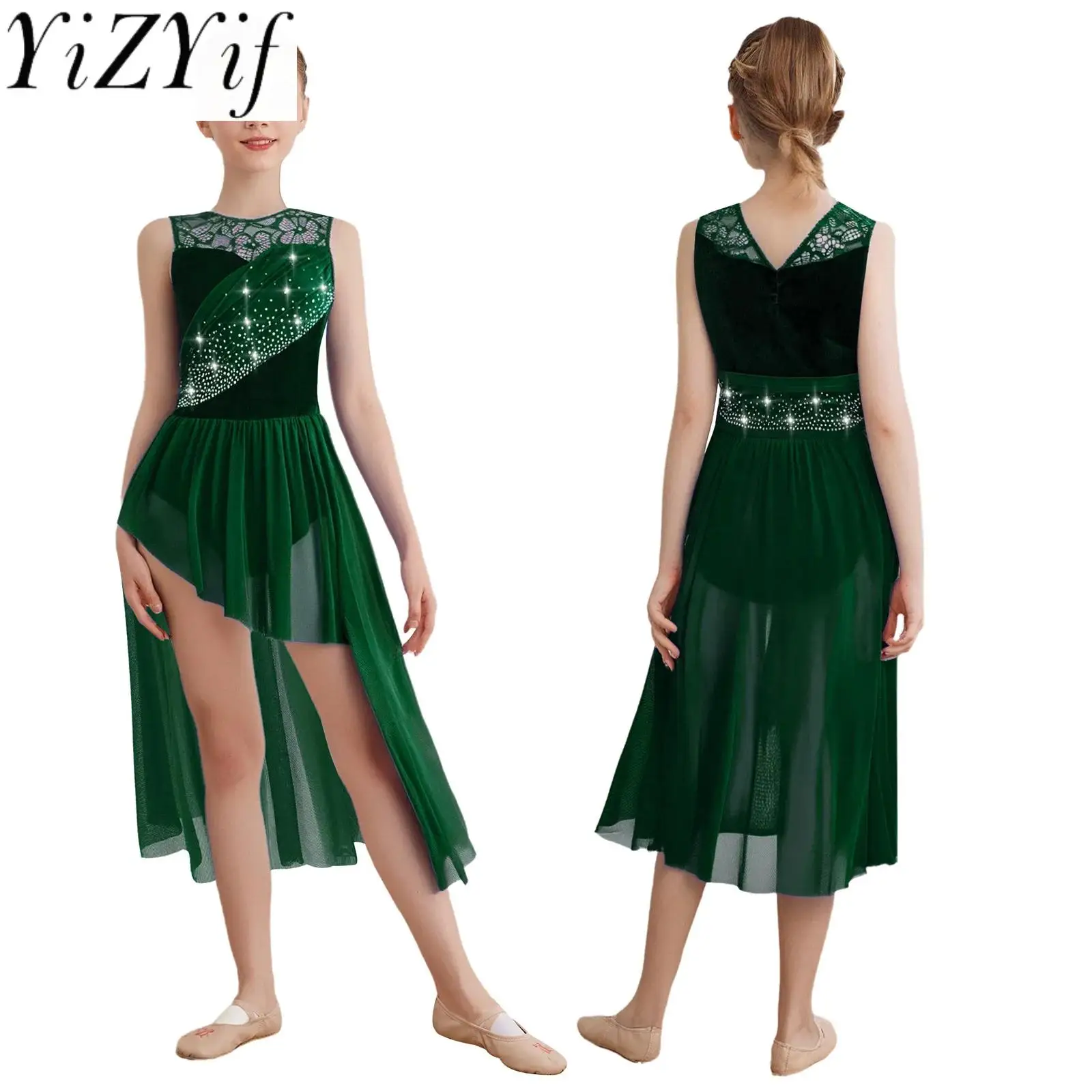 

Kids Girls Lyrical Ballet Modern Dance Dress Patchwork Ruched Mesh Rhinestones Dress for Ballroom Stage Performance Dancewear