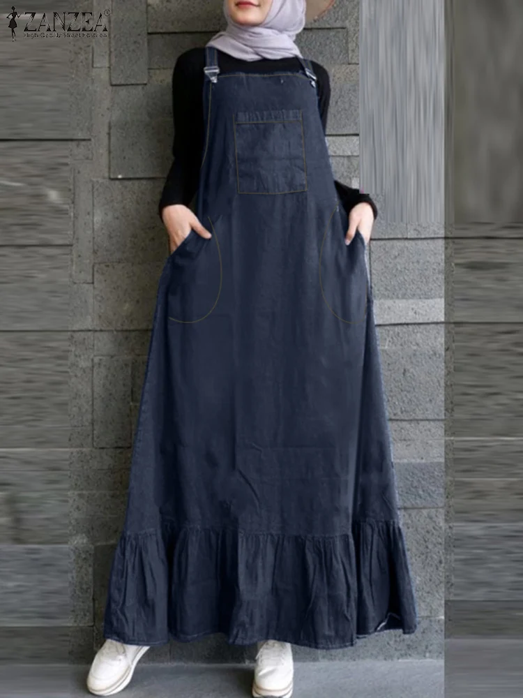 ฤดูใบไม้ผลิฤดูร้อน Elegant Overalls ชุด ZANZEA มุสลิม Abaya Hijab ผู้หญิงแขนกุดสแควร์ Sundress Kaftan Robe Femme