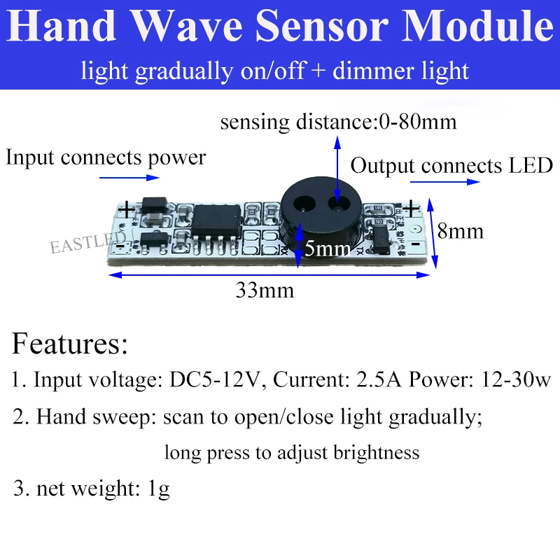 Moduł przełącznika czujnika fali ręcznej Ściemniacz Regulowana jasność 80 mm Wykrywacz krótkich odległości DIY MODE LED PCB DC5V 12V 2.5A