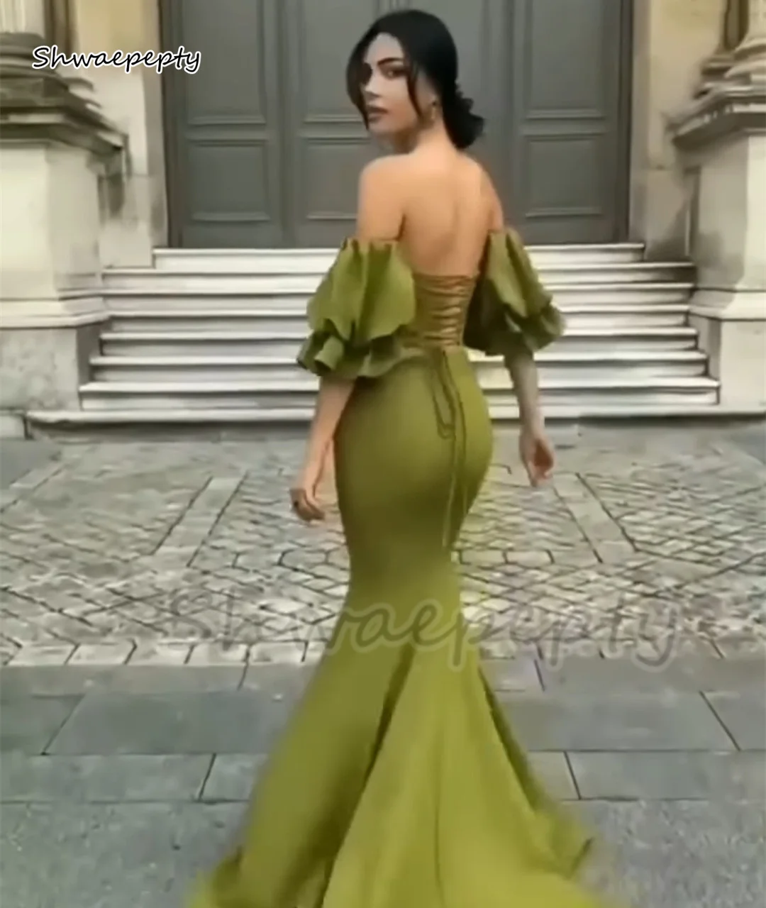 Satin Mermaid Prom Dresses Sexy Open Back Lace-Up Off Shoulder Ruches Korte Mouwen Olijf Groen Speciale Gelegenheid Avond jassen