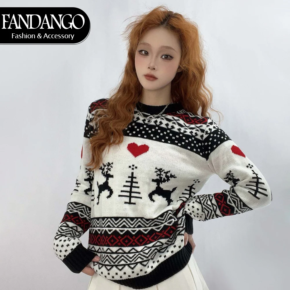 

2024 New Winter Christmas Fashion Women Sweaters Pullover Round Neck Tops Casual Long Sleeve Deer Jacquard Print Knitted Sweater