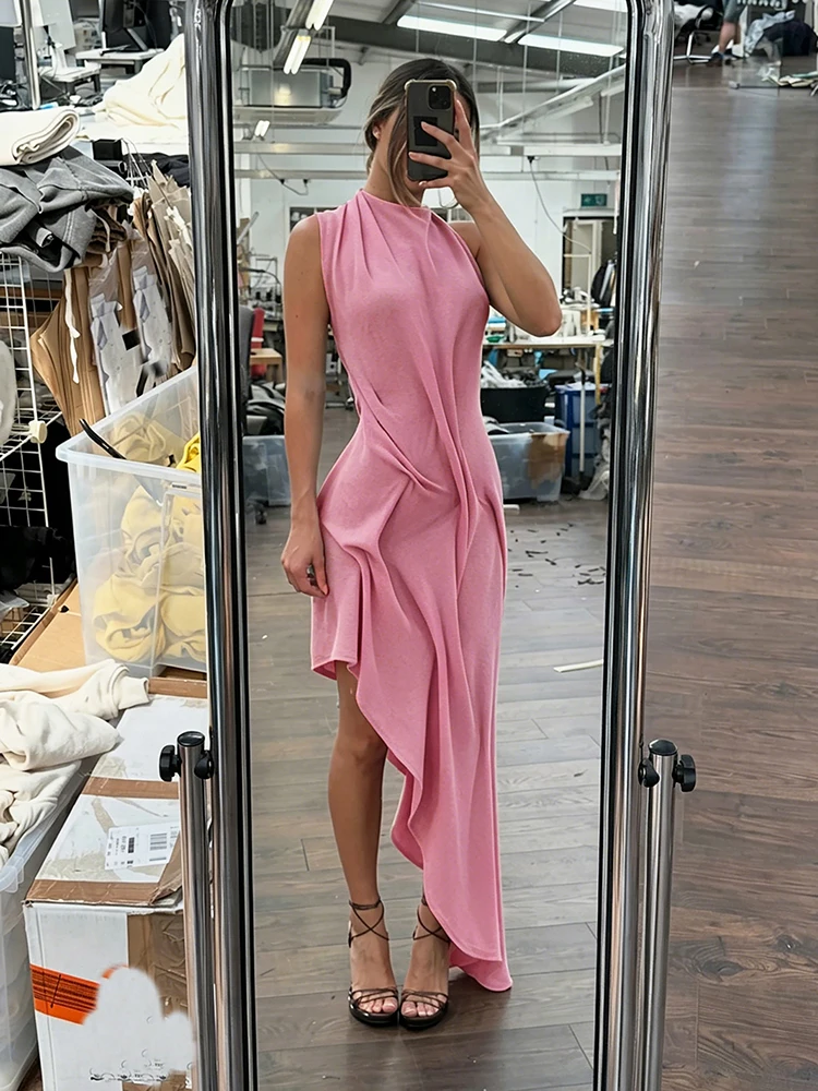 Sisterlinda Trend Mode Sexy Langes Kleid Damen Rückenfrei O-Ausschnitt Ärmellos Unregelmäßiger Saum Urlaub Gerafftes Elegantes Kleid – Detail 19