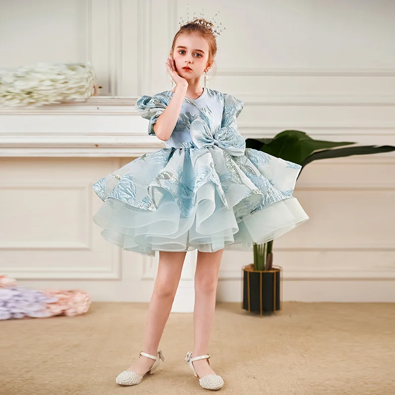 blue Baby Kids  Lace Bow Wedding Flower Girl Dress Vintage Girl Princess Elegant Party Pageant Birthday Children First Communion