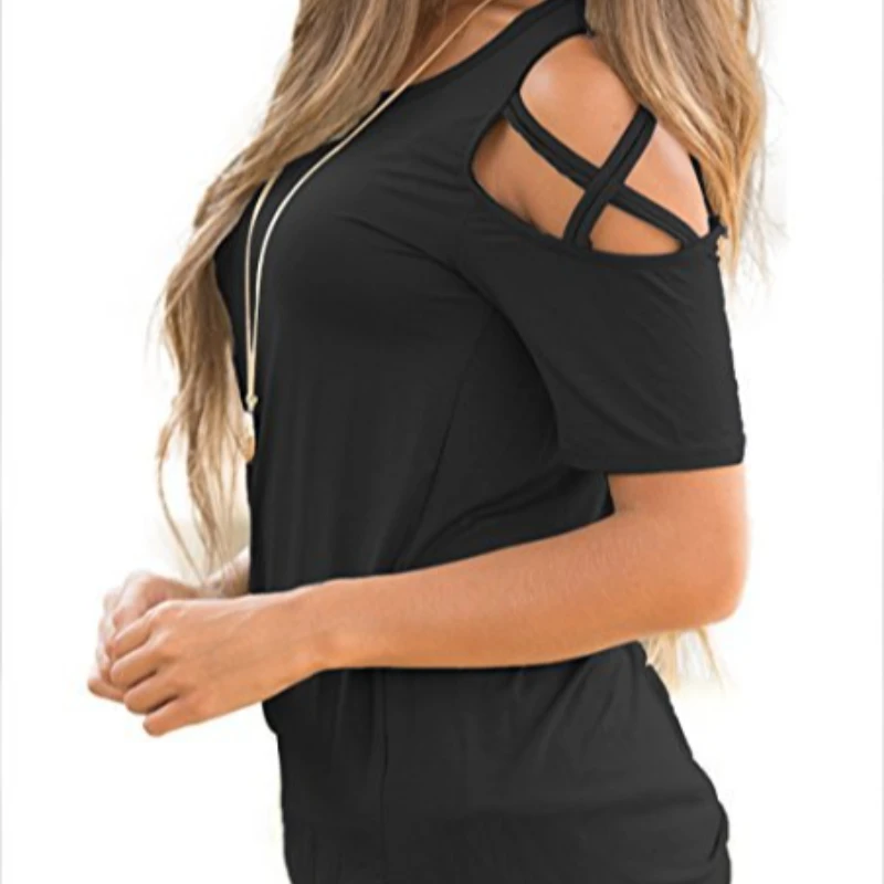 Women’s Perforated Cross Shoulder T-shirt Summer Solid Color Casual Short Sleeve Street Sweet Cool Basic Top