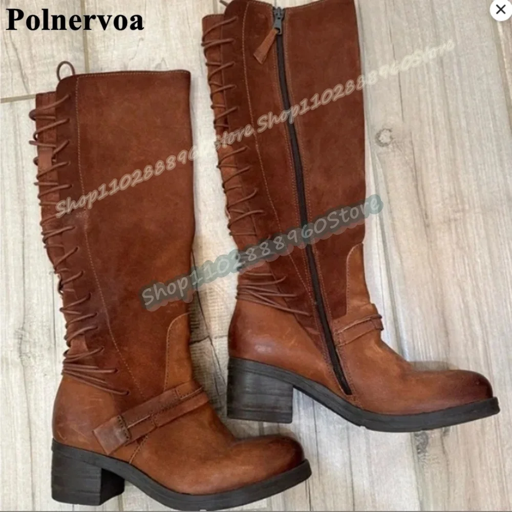 

Knee High Brown Cross Tied Patchwork Boots Thick Heel Shoes For Women Side Zipper Round Toe Fashionable 2026 Zapatos Para Mujer