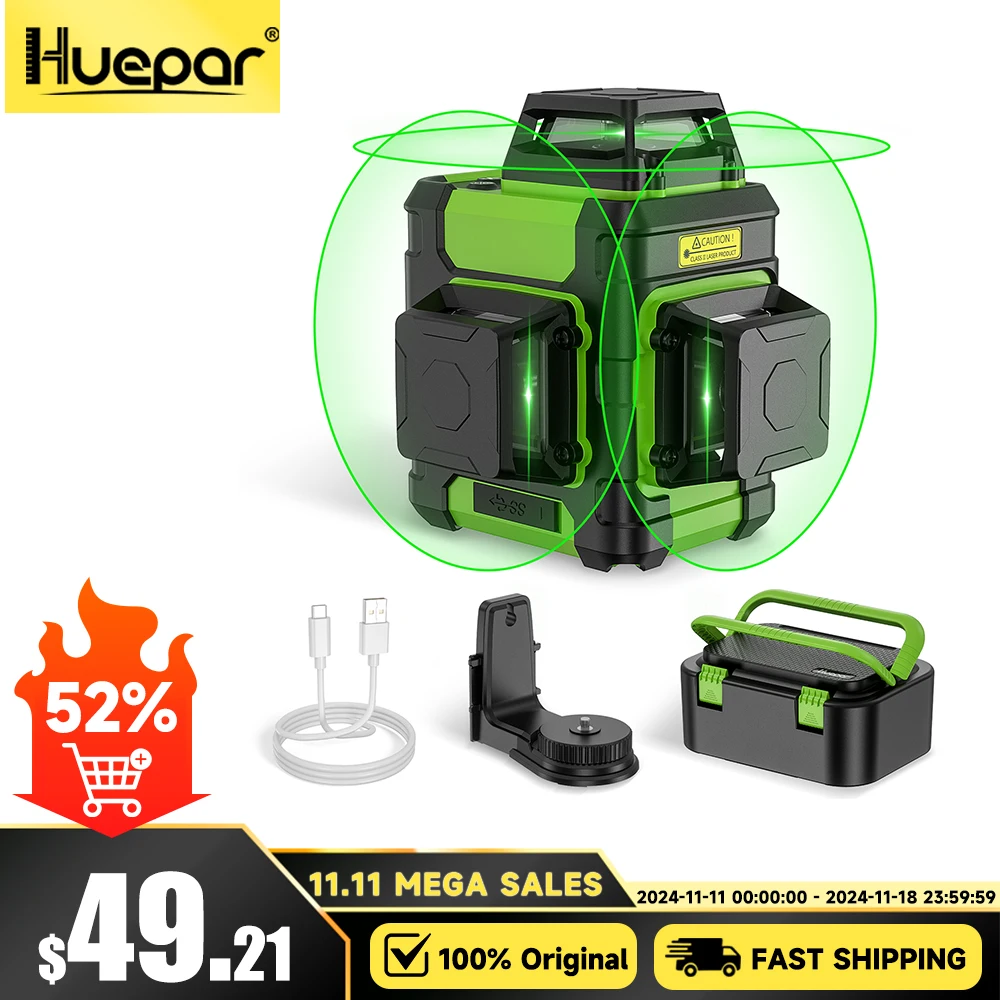 Huepar 3D Cross Line Laser Level Rechargeable Self-leveling Green Laser Tool With Li-ion Battery & Pulse Mode & Hard Case HM03CG