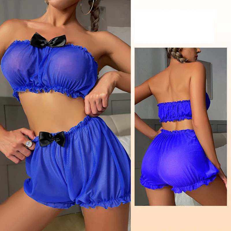 Top Fashion Explosive Female Sexy Pajamas Suit Mesh Gauze Multi-Color Bow tie Pajamas European And American Erotic Underwear