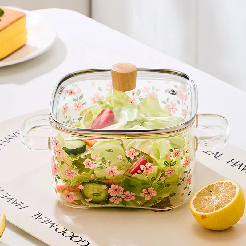 Sakura Print High Borosilicate Glass Pot with Lid & Double Handles 1800ml Square Glass Bowl Kitchen Soup Noodle Salad Container