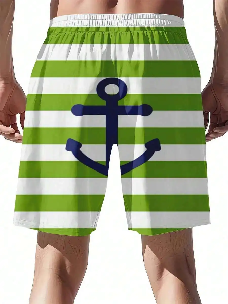 

Green And White Striped Anchor Print Swim Trunks For Men Summer Beach Leisure Sports