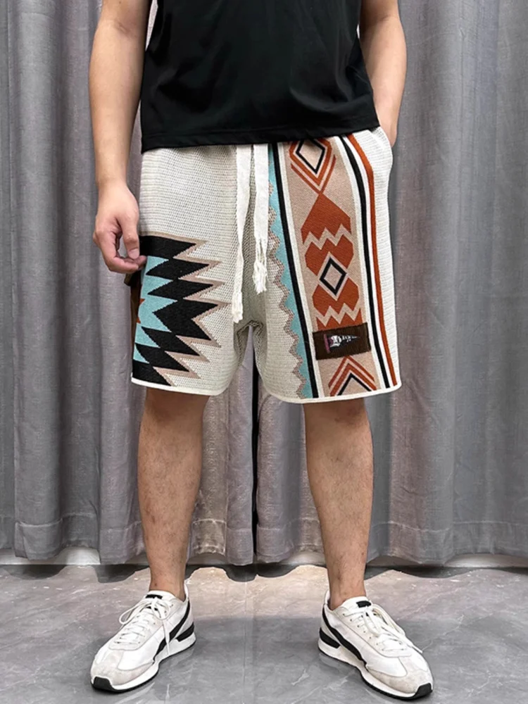 

Large Size American Retro Navajo Knitted orts Men Summer New Color Colion Embroidery Geometry Beach Five-Point Pants
