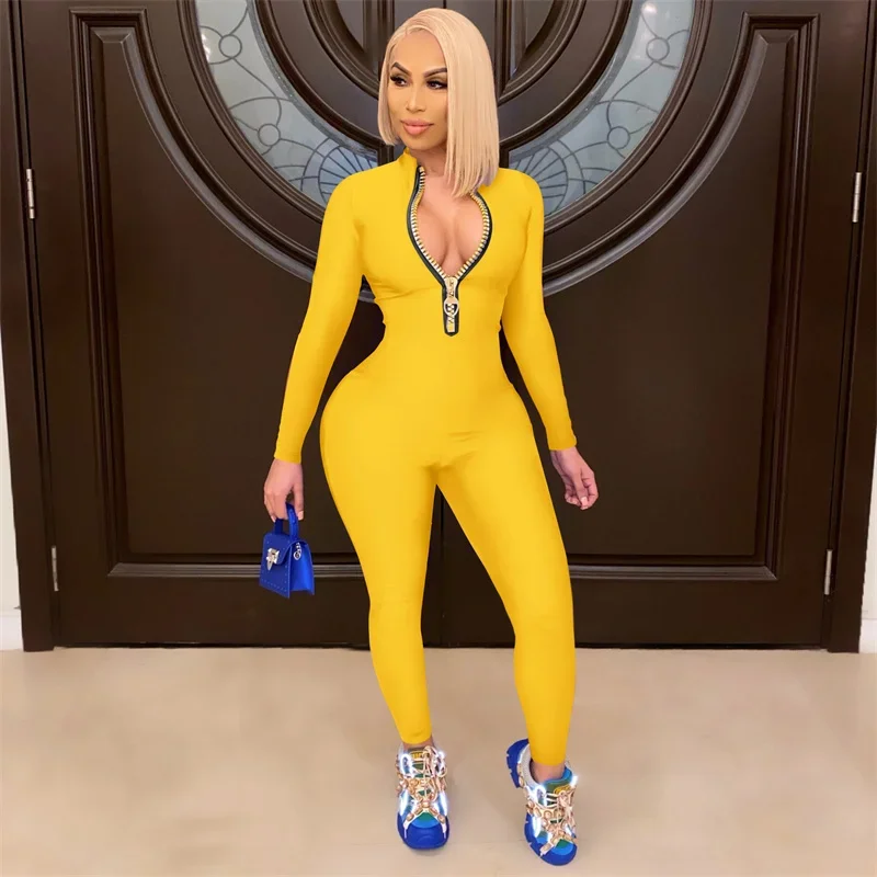 Gold Zipper Stand-up Collar Women Jumpsuit Solid Color Sportswear Casual Slim Rompers Female Stretch Pencil Pants Chic Bodysuit