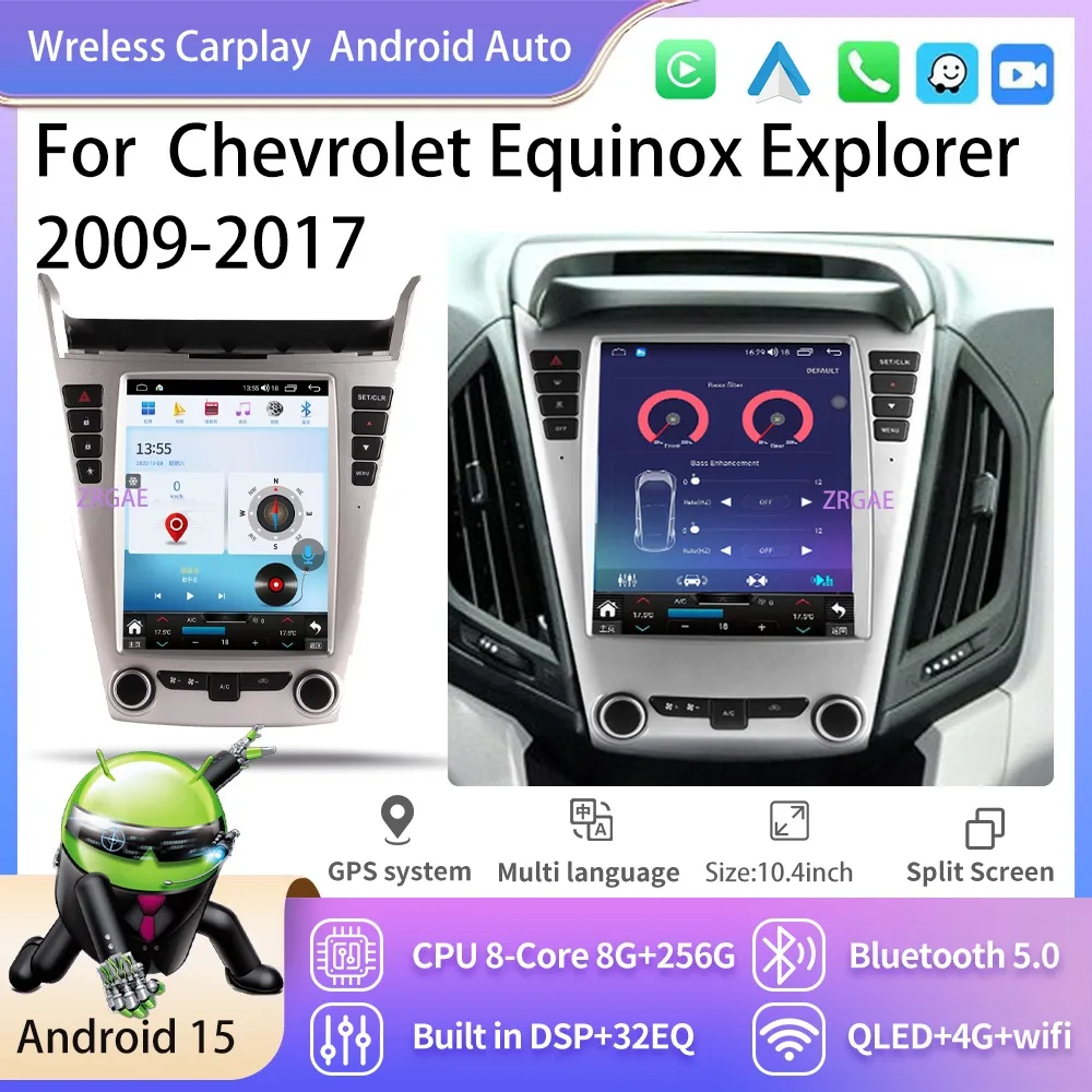 Pantalla Android 15 de 10.4 Pulgadas con Carplay para Chevrolet Equinox Explorer 2009-2017, Radio para Auto, Sistema Multimedia Automotriz, GPS, Altavoces Estéreo, 2 Din