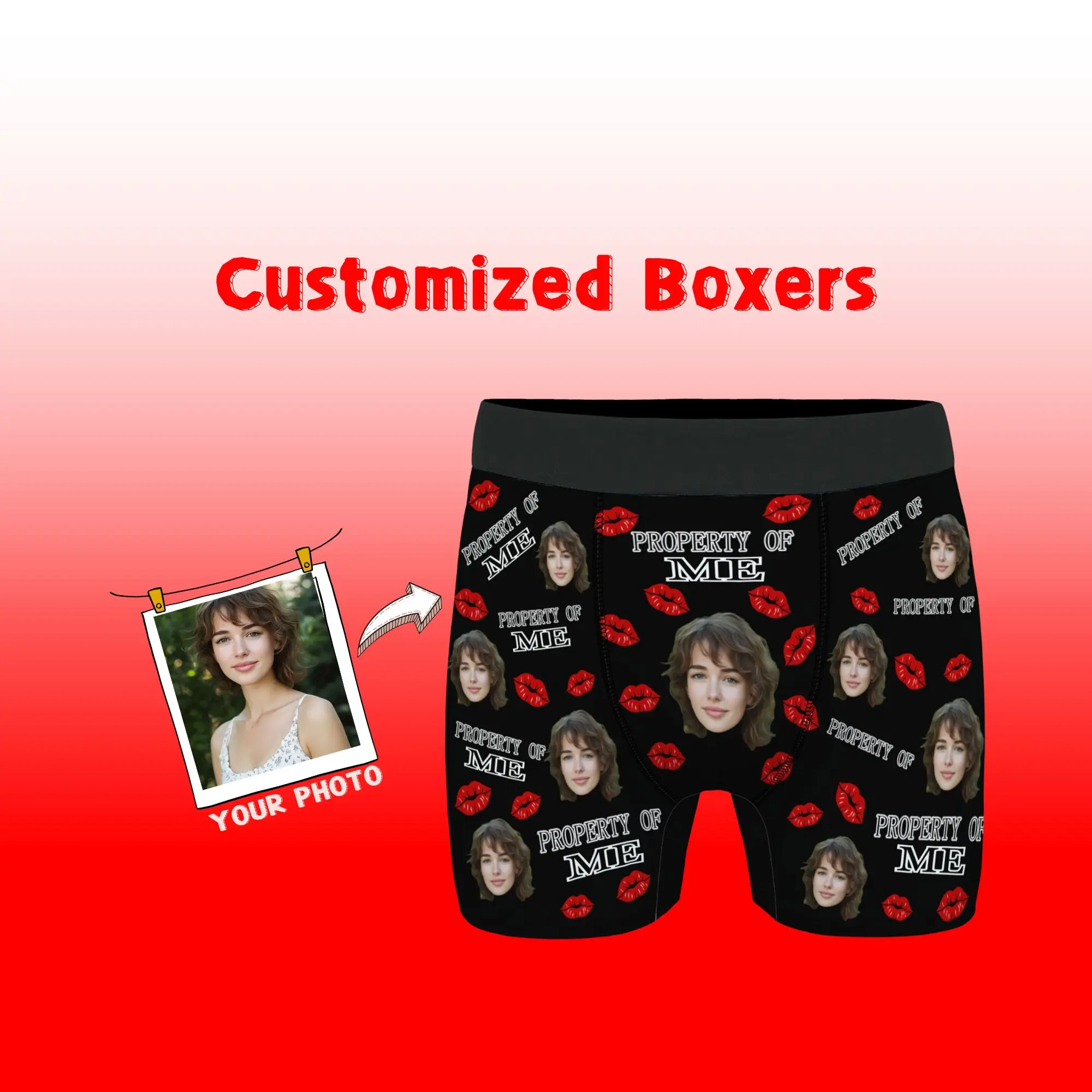

Memory Gift Custom Face Men's Boxer Briefs Black with "PROPERTY OF ME" Text & Red Lip Print Funny Valentine's Gift for Boyfriend