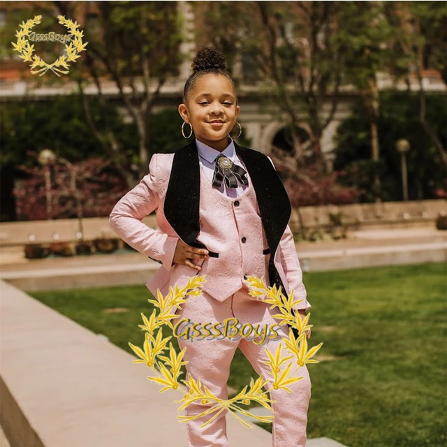 Girls School Uniform Print Pink Suit Three Piece Formal Party Dress Kids Blazer Pants Vest Wedding Tuxedo Boys Girls Suits