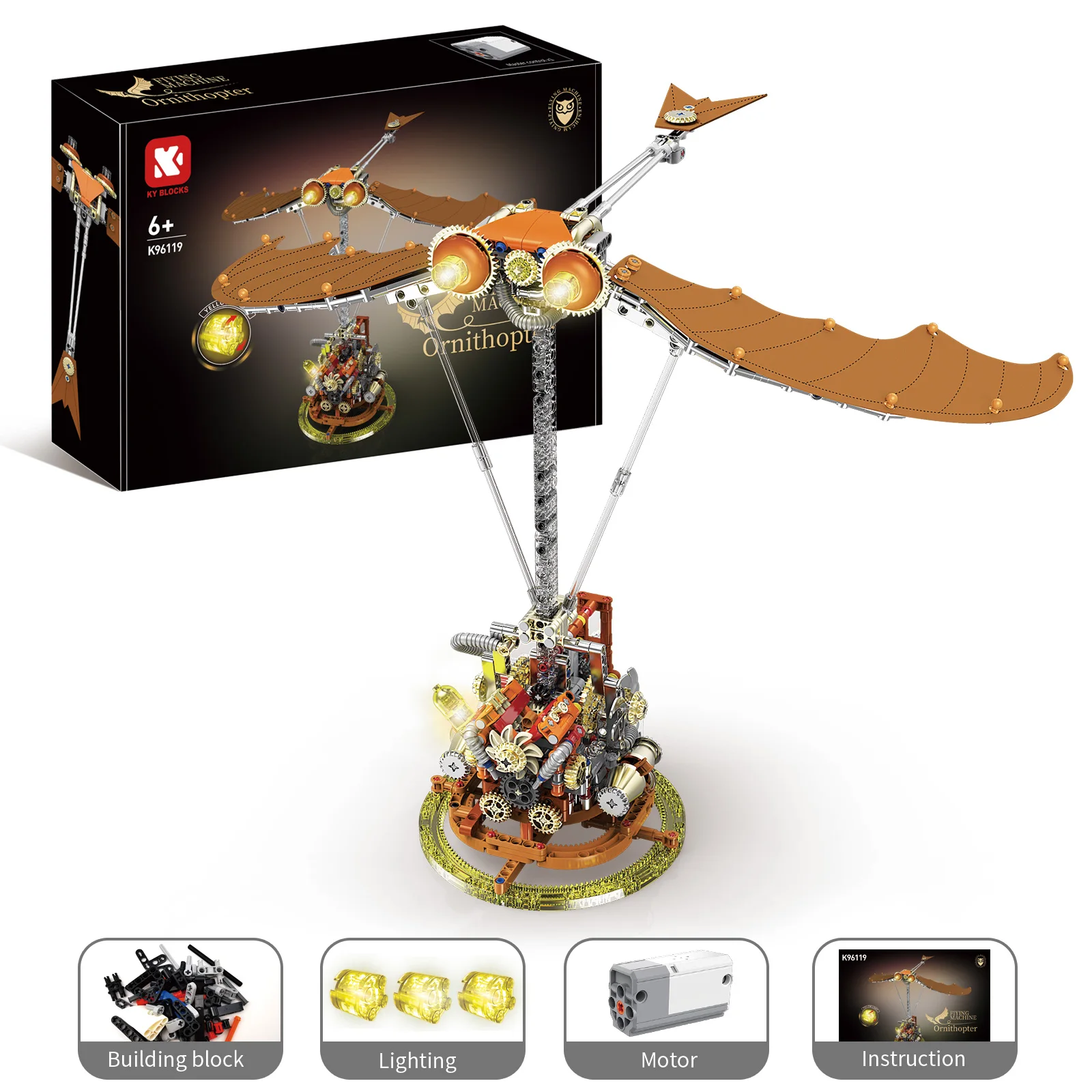 

MOC 96119 Punk Bionic Ornithopter 760pcs Building Kit Mechanical Flapping-Wing Robot with LED Lights STEM Education Toy