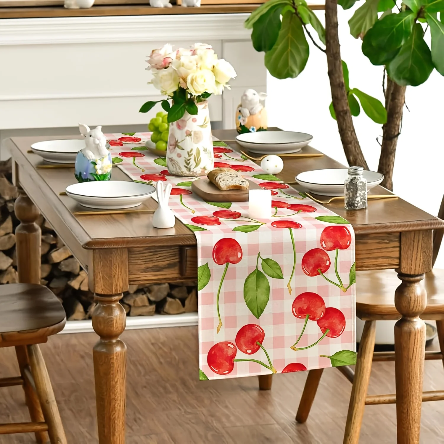 1pc Pink Gingham Cherry Linen Table Runner, 2D Watercolor Print, Picnic Style Kitchen Dining Decor, Sweet Living Room Accent, Id