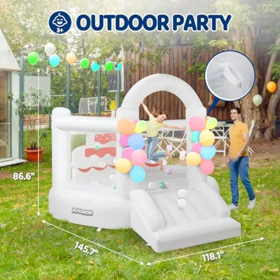 Casa de rebote para niños (12 pies x 10 pies x 7,2 pies) con tobogán, globos, bóveda espaciosa, casa de rebote blanca para fiesta de cumpleaños infantil con Bu