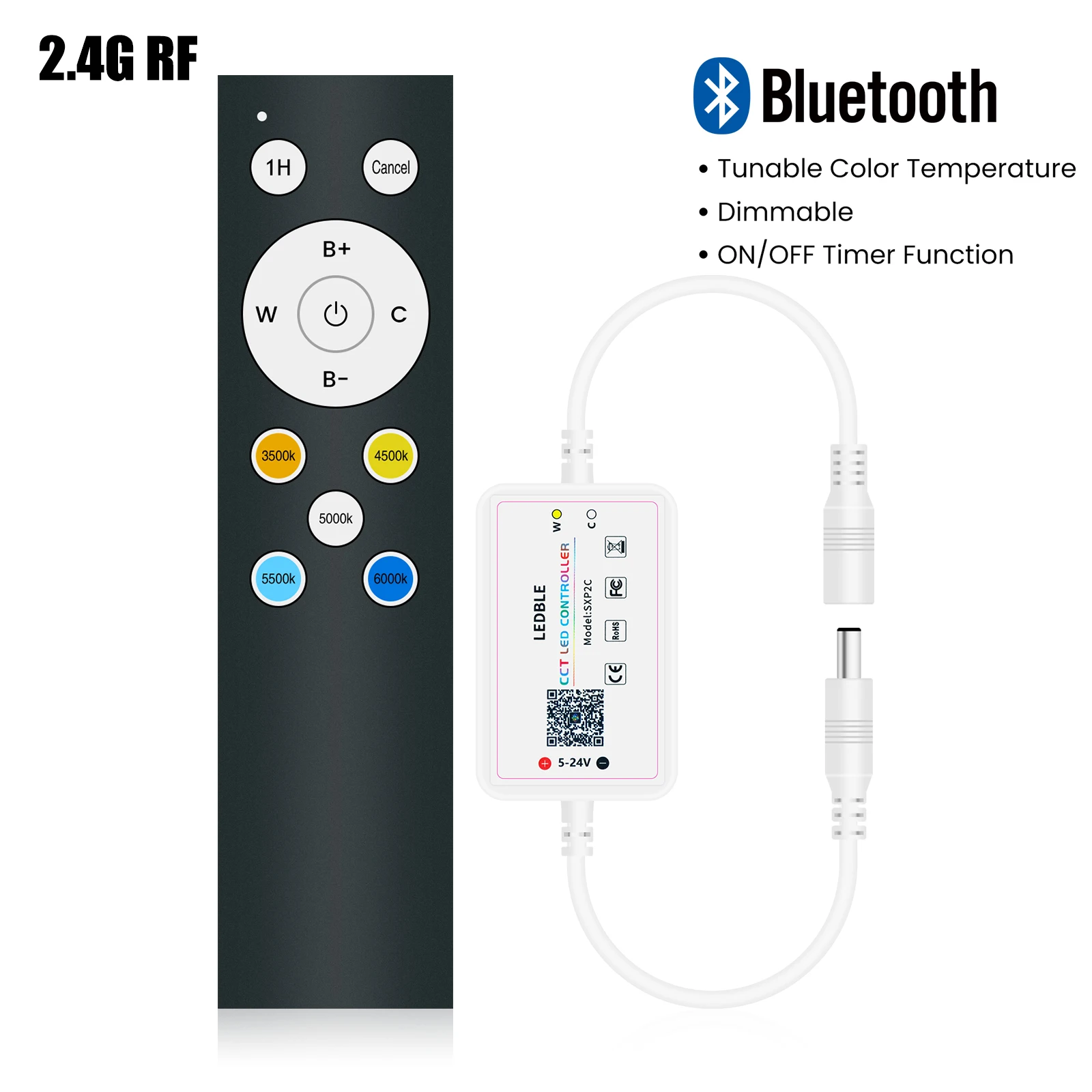 

2.4G RF Bluetooth APP Remote Control LED Dimmer For CCT COB LED Strip DC5-24V Dimmer 3500K 4500K 5000K 5500K 6000K Changeable