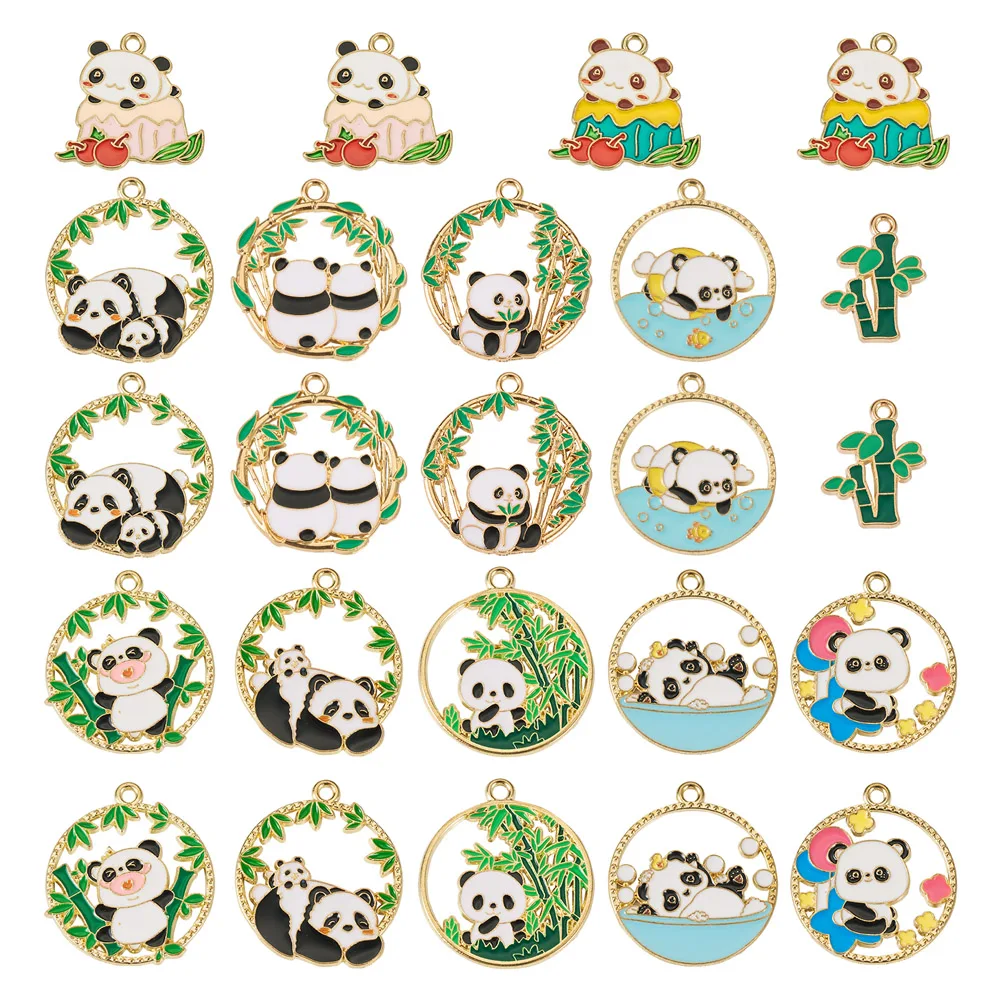 24Pcs  Metal Enamel Pendants Panda Bamboo Charm Light Gold Color Mixed Color for Making DIY Jewelry Necklace Earring Bracelet