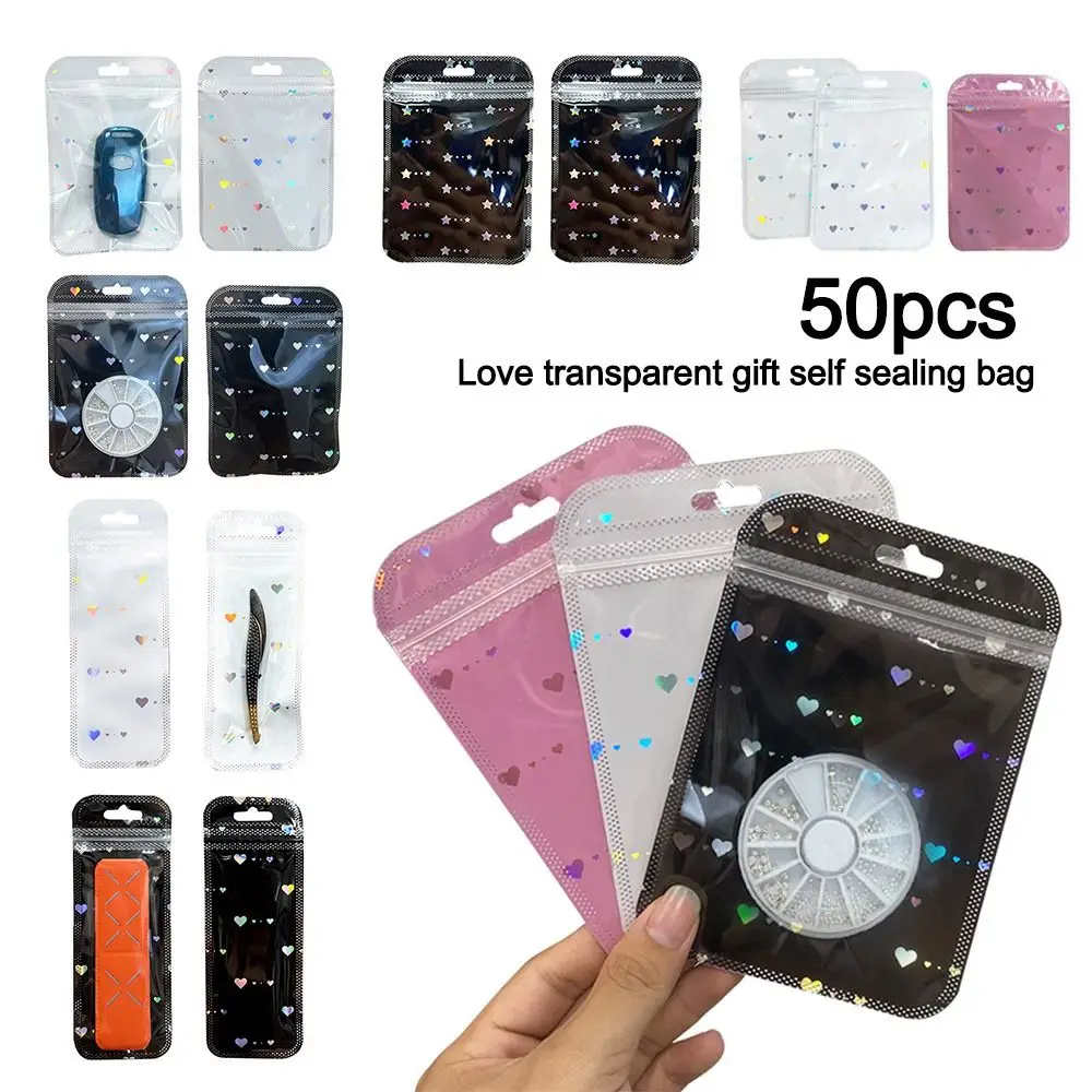 Sacchetto autosigillante in plastica semplice da 50 pezzi sacchetto di imballaggio a cuore Laser richiudibile sacchetti a chiusura lampo