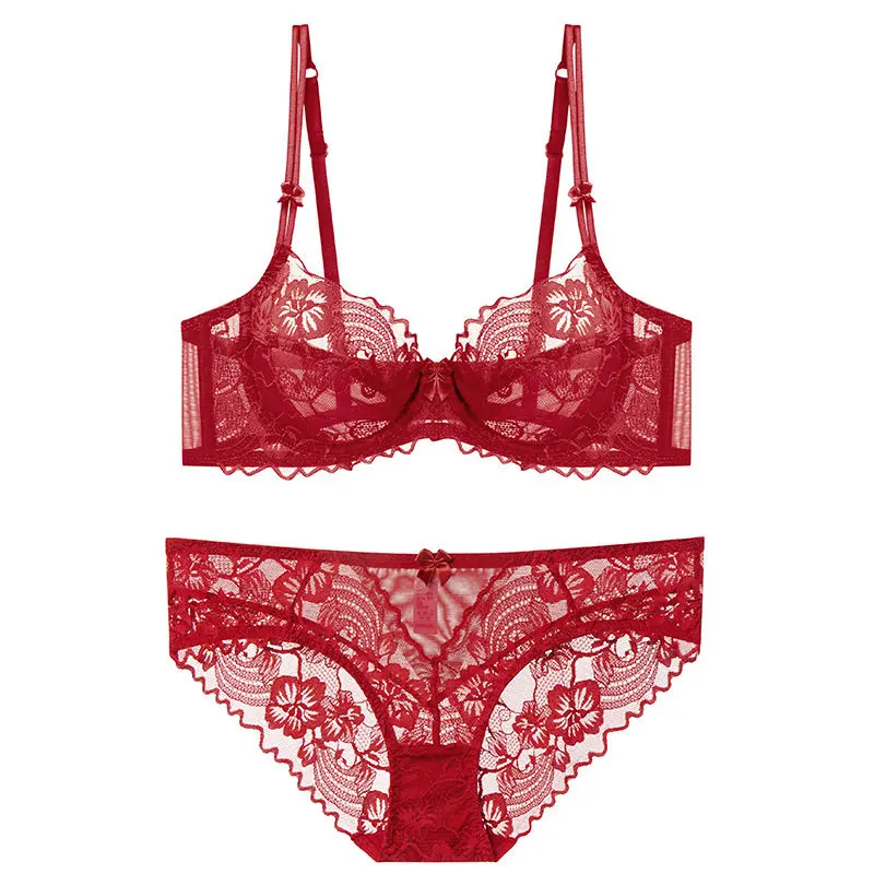Ladies Elegant Victorian Lace Push Up Underwear Set Soft Underwire Ultra Thin Anti-sagging Delicate Charm Red Bralette Set
