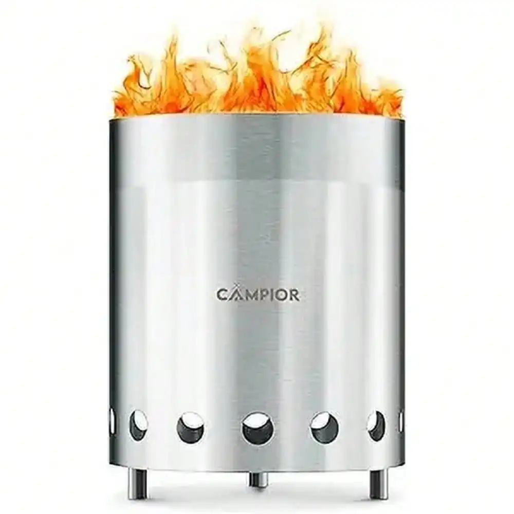 

Smokeless Wood Burning Fire Pit Stove, Stainless Steel With Ash Pan, Stand & Carry Bag - 6 Inch Silver - NEW