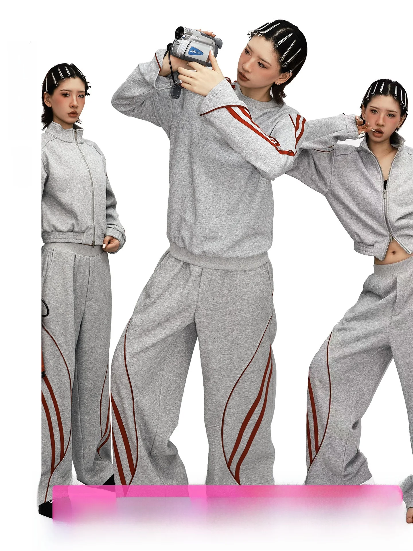 

Cool Gray Casual Fashion Sportswear Set Women's Three-Piece Suit Color Block Long Sleeve Striped Patterned Slim Fit Autumn Wear