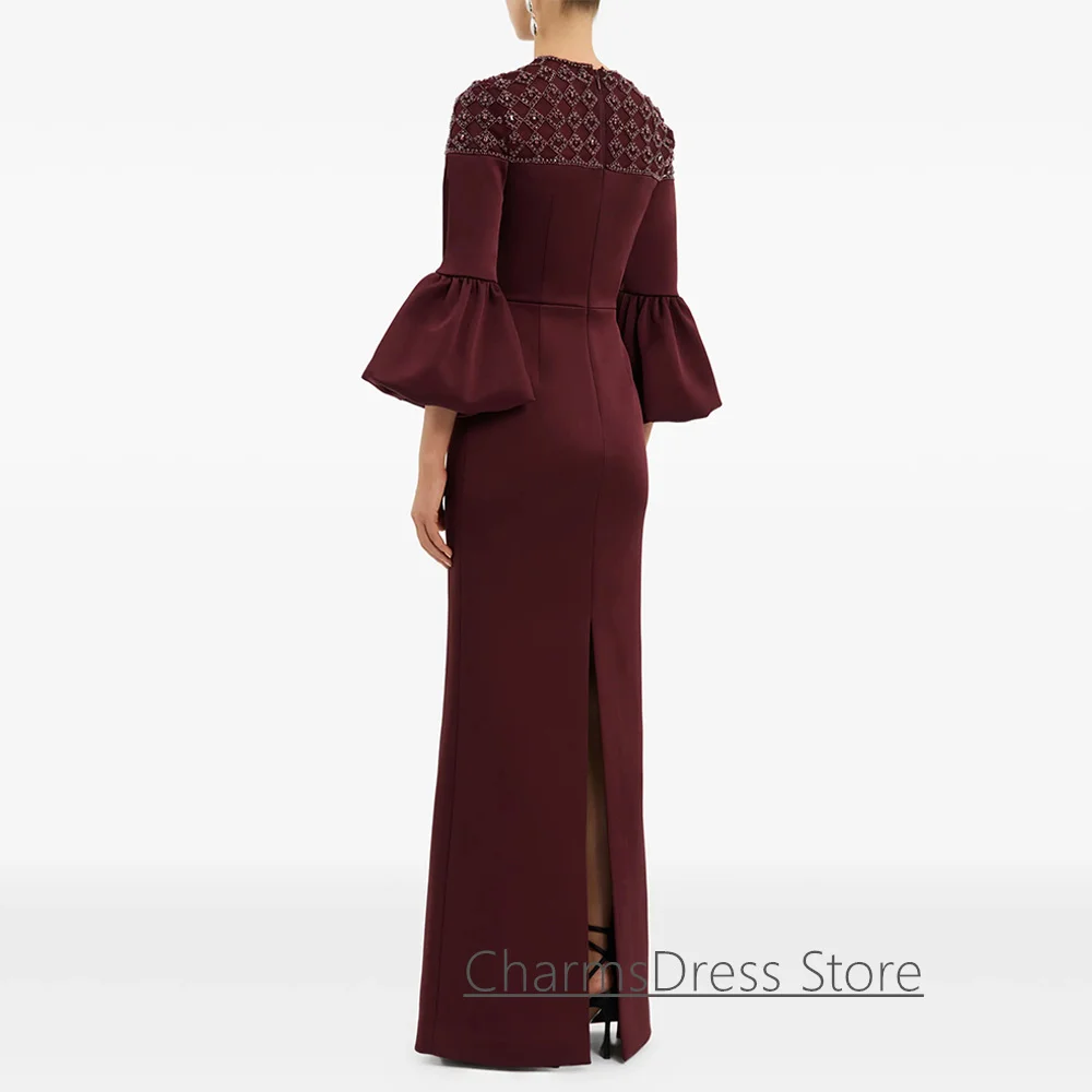 فستان سهرة عنابي مخصص موضة رقبة مستديرة 3/4 أكمام مطرز بالكريستال طول الأرض فستان حفلات المملكة العربية السعودية #2