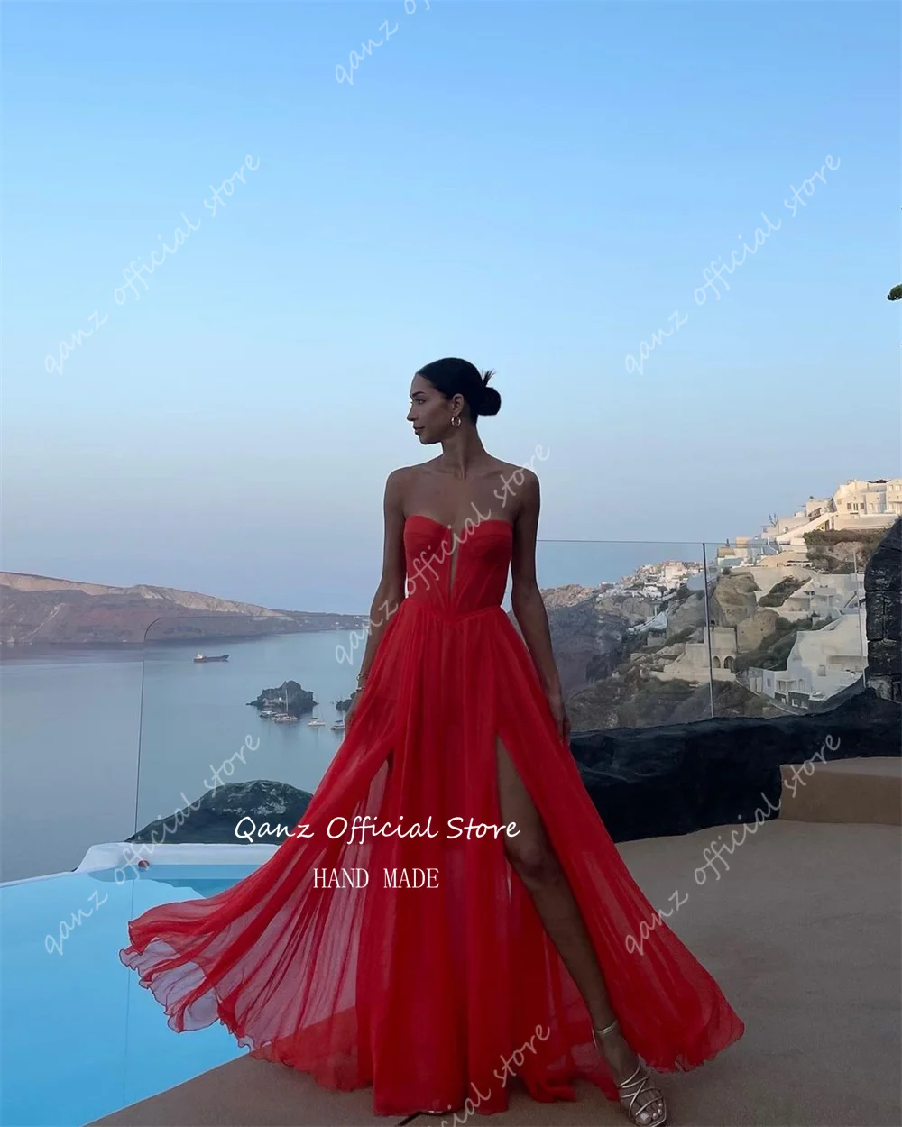 Qazn Bech Silk Chiffon Prom Dresses Straplesses Red High Leg Slit Floor Length Vestidos De Noche Long Party Dresses Customized