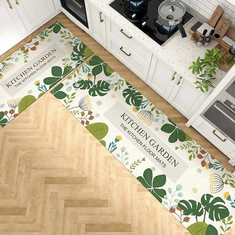 Carpet for Kitchen Pvc Leather Non-slip Floor Mat Waterproof Oil-proof Foot Mats Long Rug Green Plants Home Decoration Rugs