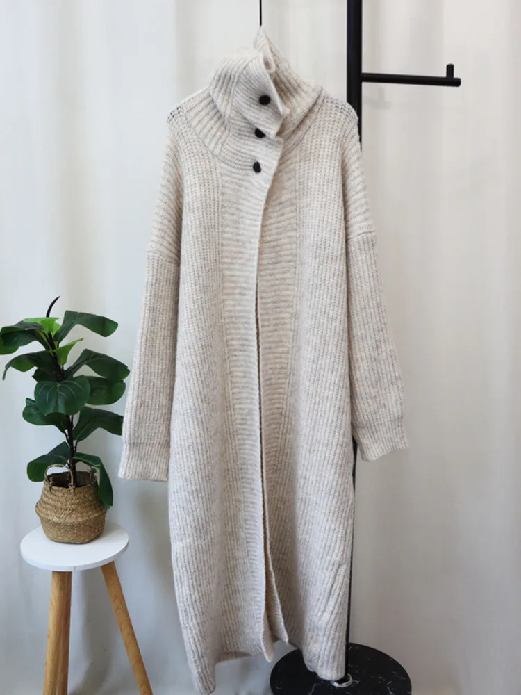 [EWQ] Korean Fashion Style Long Cardigan Coats Big Turn-down Collar Warm Casual Women Knit Coat Winter 2024 Autumn New 16O1746