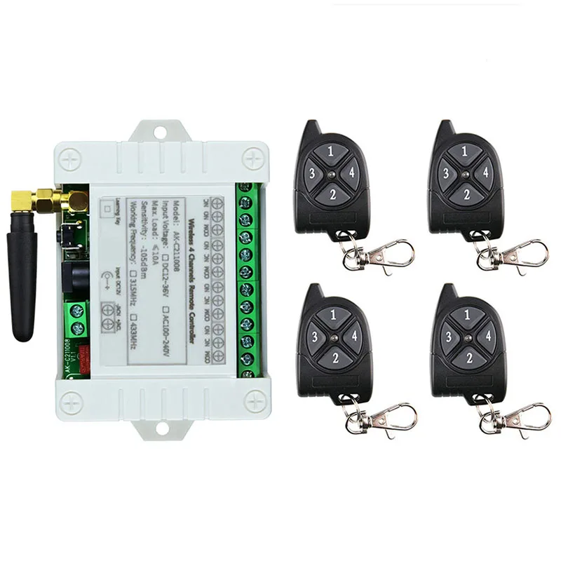 433Mhz DC 12V 24V 36V 4CH 4 Channel 10A Relay Module Receiver EV1527 Wireless Remote Control Switch 433Mhz for DC Motor DIY