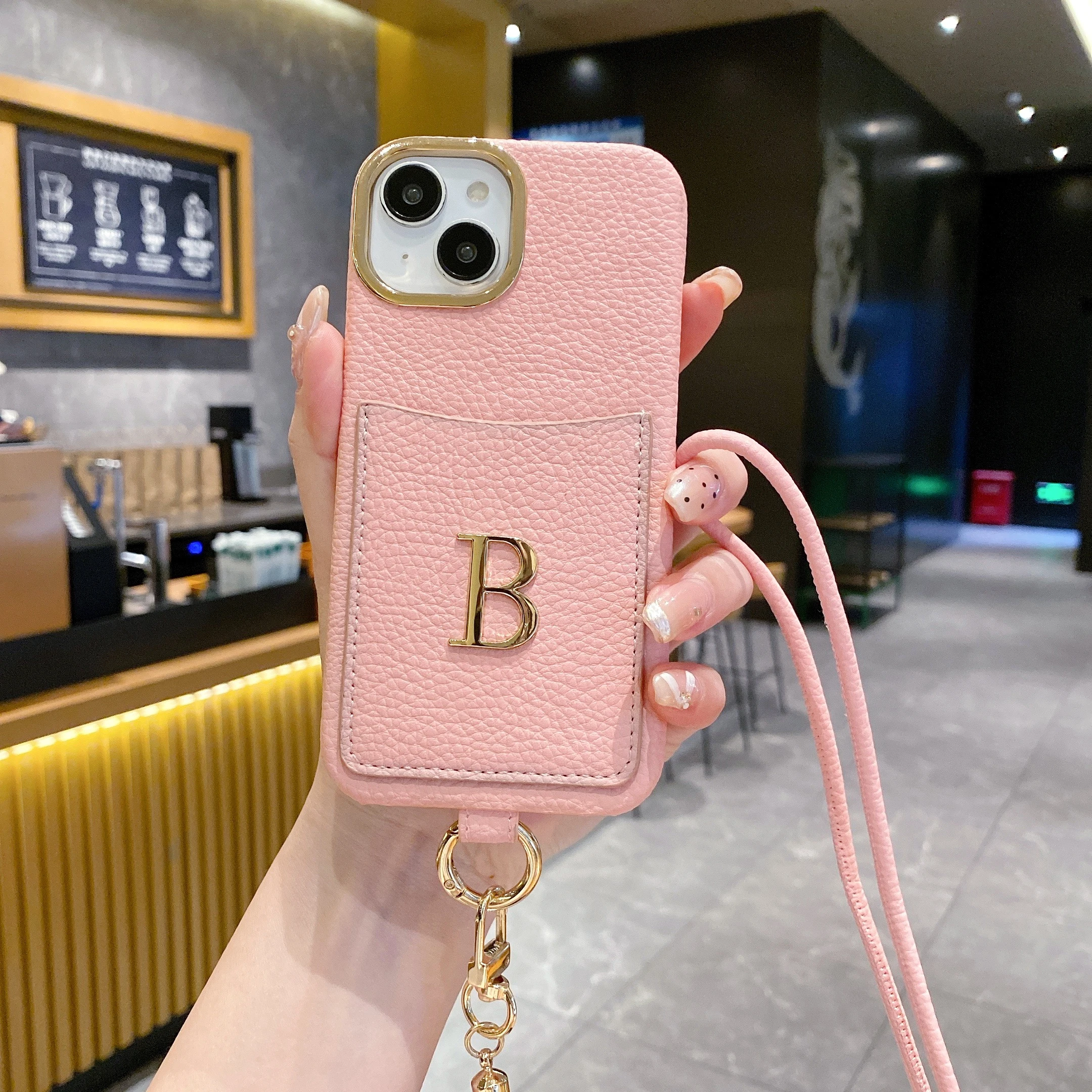 Customized Leather Phone Case Initials Name Gold Letter Cardholder iPhone 15 14 13 12 11ProMax Plus Crossbody Lanyard