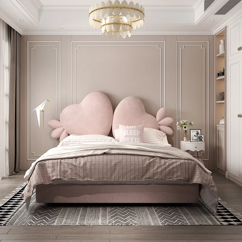 Nordic light luxury fabric modern pink princess bed simple small apartment soft bag double bed