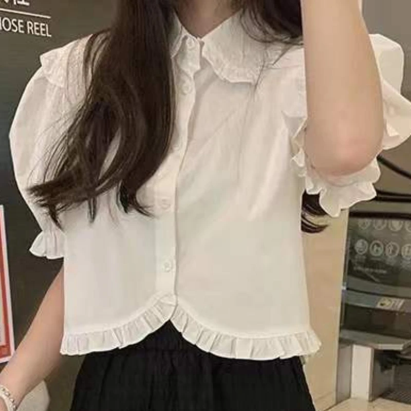 Women Shirts Sweet Ruffles Summer Design Leisure French Style Tender Peter Pan Collar Elegant Simple Solid All-match Puff Sleeve