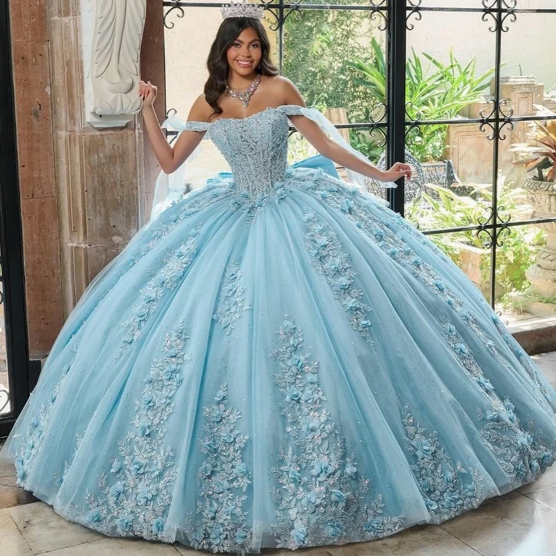 Mexico Sky Blue Ball Gown Quinceanera Dress Floral Appliques Sequins Beaded Tull Off Shoulder Sweet 16 Vestido De 15 Anos