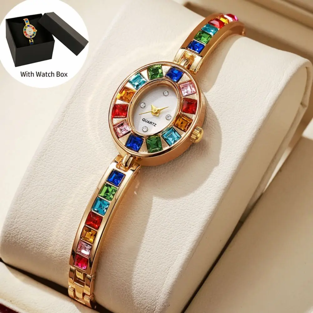 

Модные женские кварцевые часы с коробкой для часов, овальный циферблат, красочные бриллианты, часы со стразами, элегантные часы, женский подарок