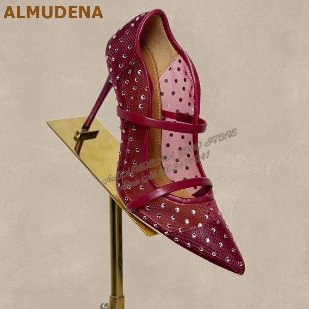 

ALMUDENA Wine Red Air Mesh Crystal High Heel Pumps Bling Bling Crystal Pointed Toe Dress Pumps Patchwork Straps Stiletto Heels