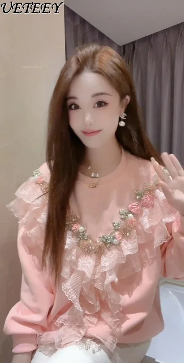 

Новинка осени 2023, женские свободные толстовки в стиле Heavy Industry с бусинами и цветочным рисунком, хлопковый милый пуловер с круглым вырезом и длинным рукавом