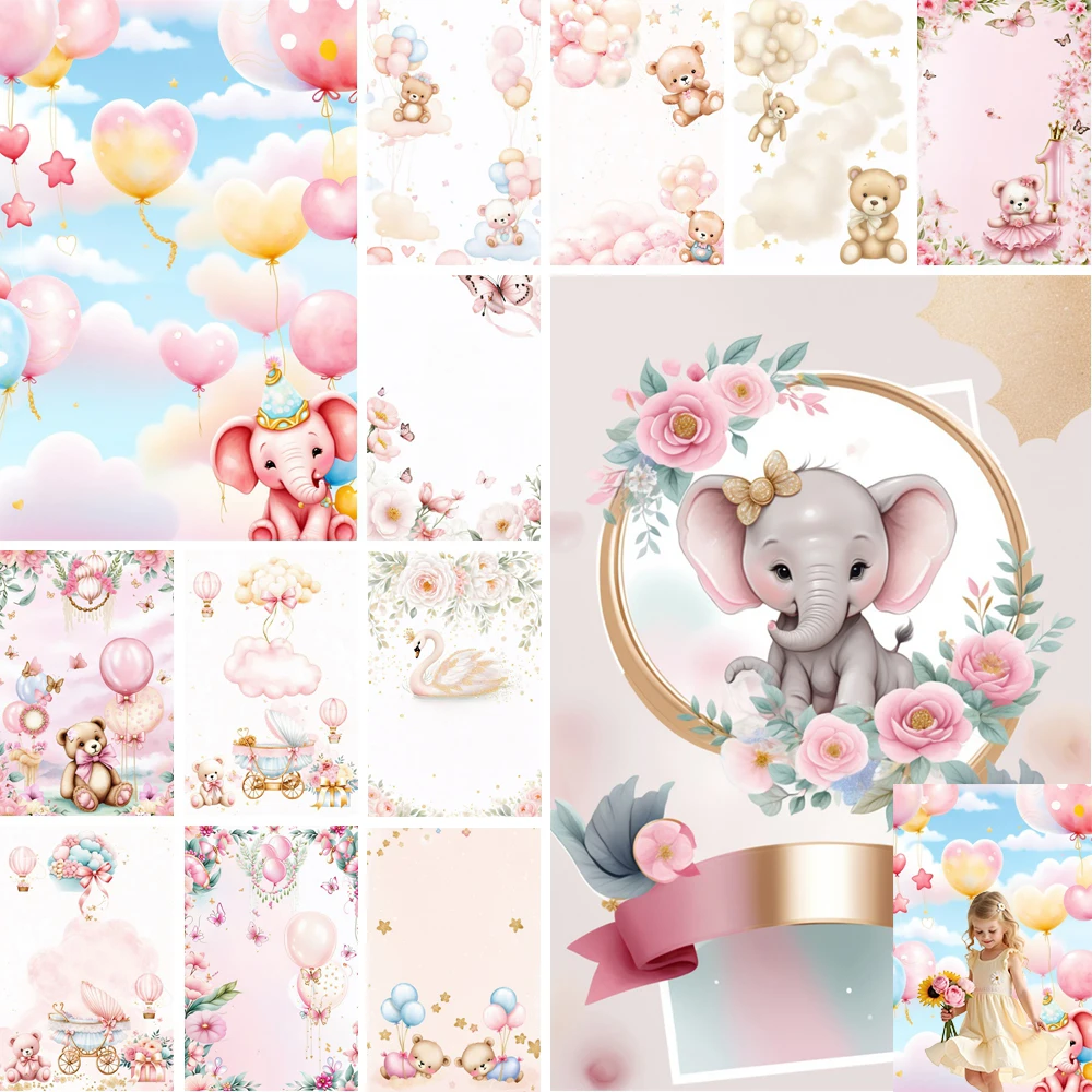 

MOON.QG Balloon Flower Birthday Backdrop Clouds Bear Baby Cake Smash Girls Photography Background Happy Birthday Party Decor
